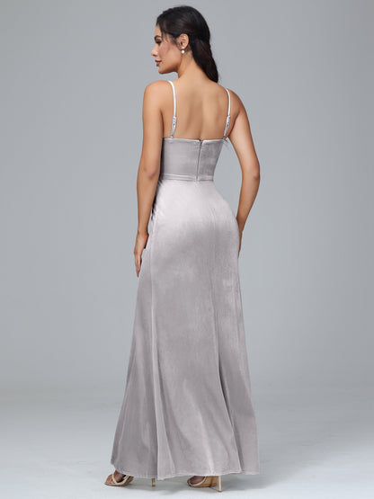 Spaghetti Straps Zipper Back Plus Size Velvet Bridesmaid Dress With Slit