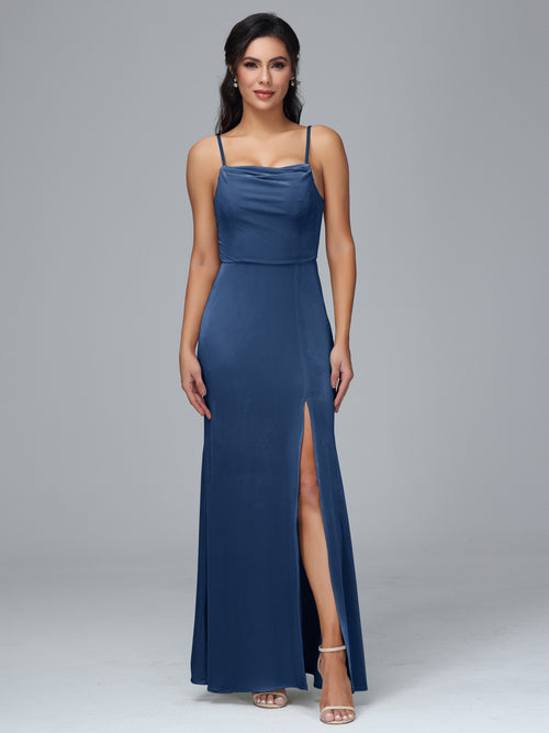 Spaghetti Straps Zipper Back Plus Size Velvet Bridesmaid Dress With Slit