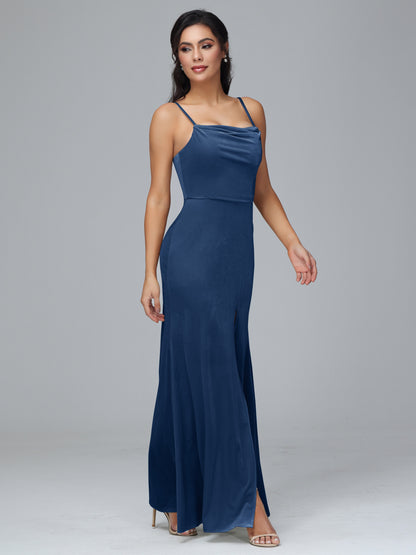 Spaghetti Straps Zipper Back Plus Size Velvet Bridesmaid Dress With Slit