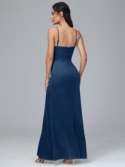 Spaghetti Straps Zipper Back Plus Size Velvet Bridesmaid Dress With Slit