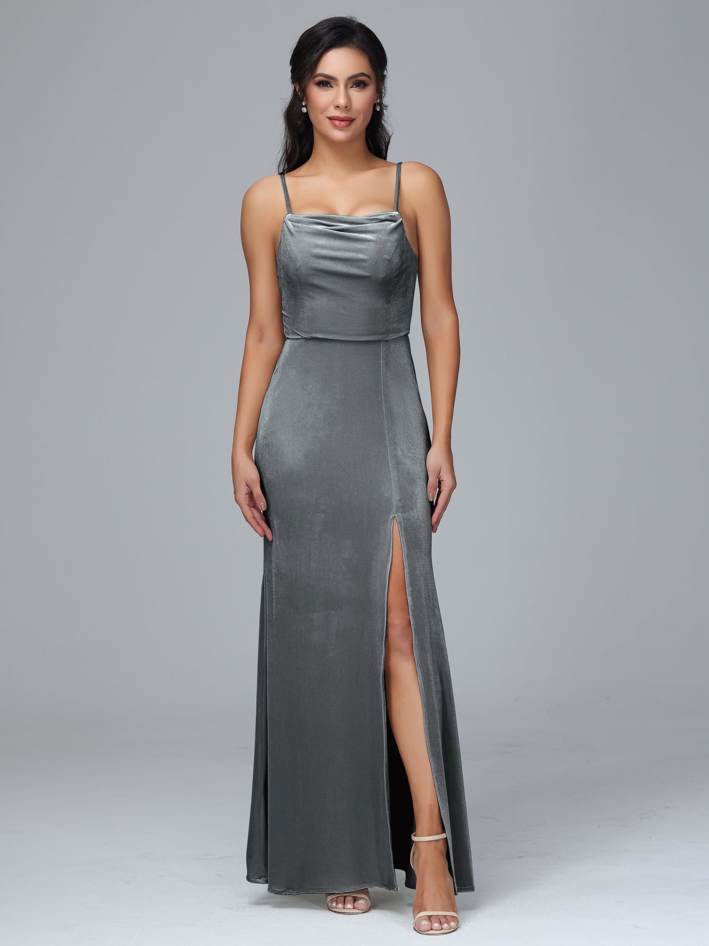 Spaghetti Straps Zipper Back Plus Size Velvet Bridesmaid Dress With Slit