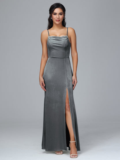 Spaghetti Straps Zipper Back Plus Size Velvet Bridesmaid Dress With Slit