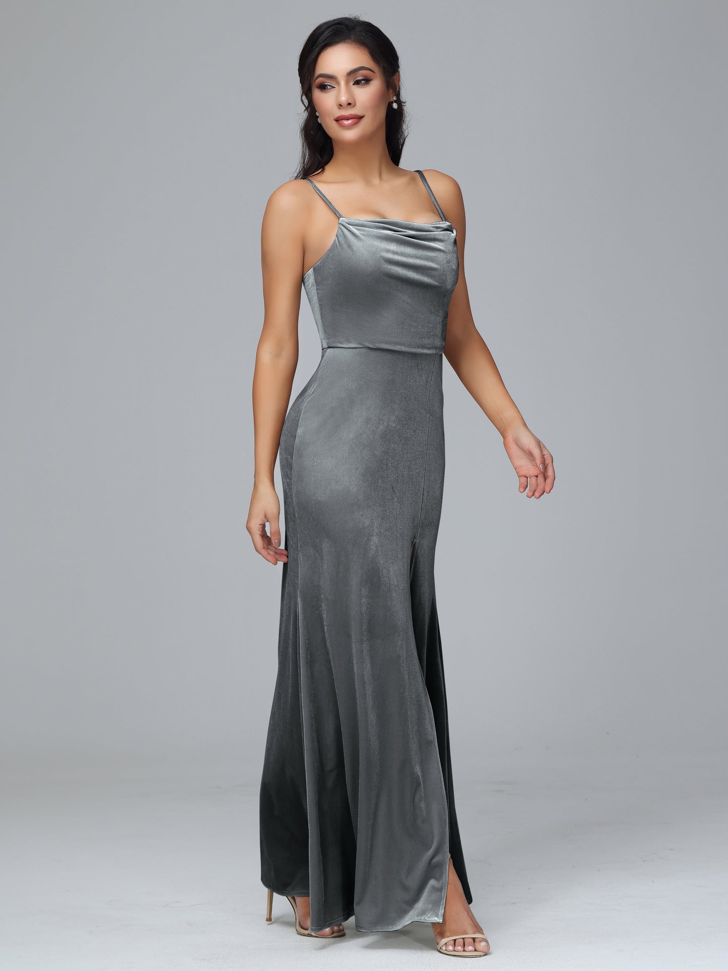 Spaghetti Straps Zipper Back Plus Size Velvet Bridesmaid Dress With Slit