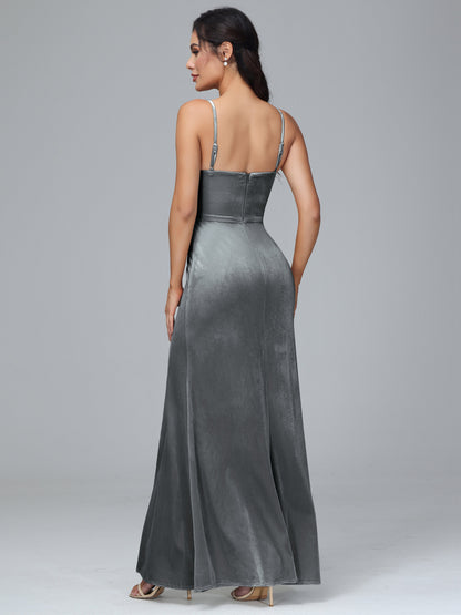 Spaghetti Straps Zipper Back Plus Size Velvet Bridesmaid Dress With Slit