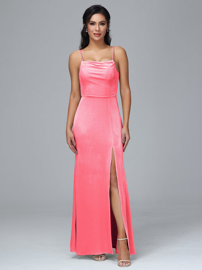 Spaghetti Straps Zipper Back Velvet Bridesmaid Dress With Slit