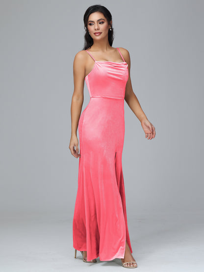 Spaghetti Straps Zipper Back Plus Size Velvet Bridesmaid Dress With Slit