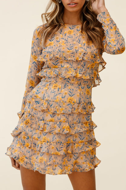 Charmaine Long Sleeve Tiered Frill Dress Floral Print Mocha