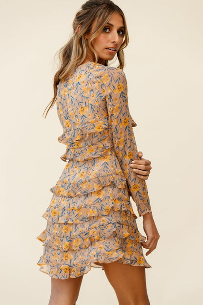 Charmaine Long Sleeve Tiered Frill Dress Floral Print Mocha