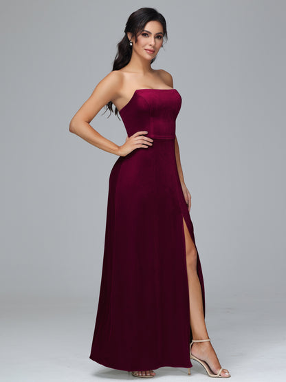 Strapless Velvet Bridesmaid Dress With Slit