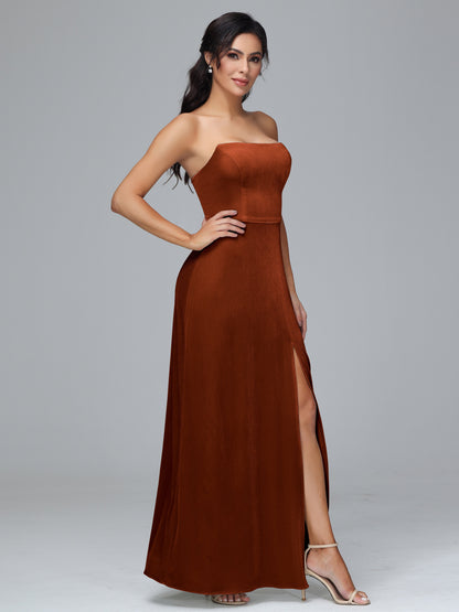 Strapless Velvet Bridesmaid Dress With Slit