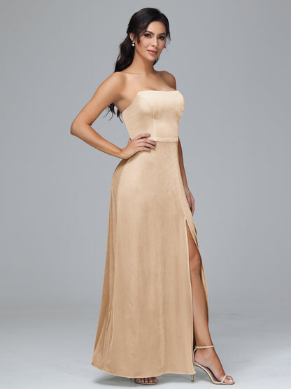 Strapless Velvet Bridesmaid Dress With Slit