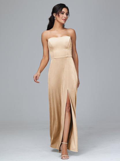 Strapless Velvet Bridesmaid Dress With Slit
