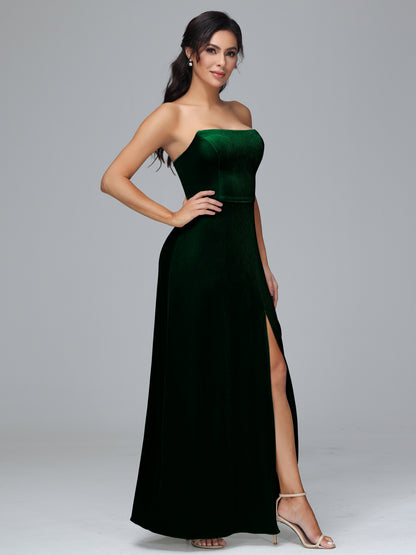Strapless Velvet Bridesmaid Dress With Slit