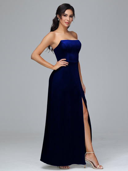 Strapless Velvet Bridesmaid Dress With Slit