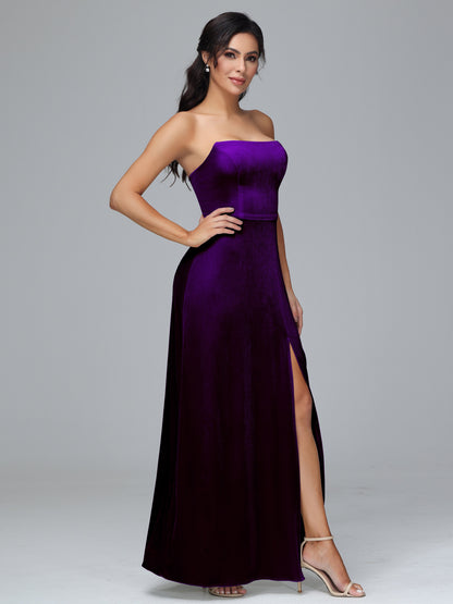 Strapless Velvet Bridesmaid Dress With Slit