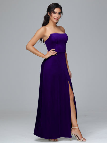 Strapless Velvet Bridesmaid Dress With Slit