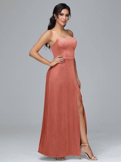 Strapless Velvet Bridesmaid Dress With Slit