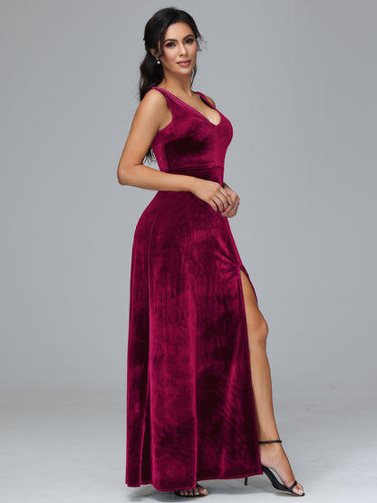 Straps V Neck Plus Size Bridesmaid Dress With Slit