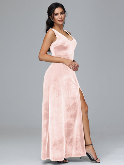 Straps V Neck Plus Size Bridesmaid Dress With Slit