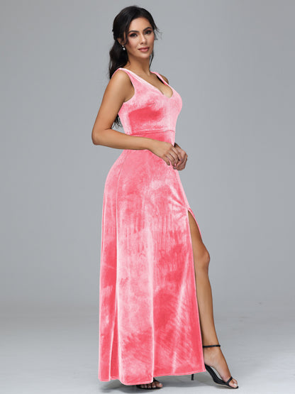 Straps V Neck Plus Size Bridesmaid Dress With Slit