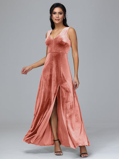 Straps V Neck Plus Size Bridesmaid Dress With Slit