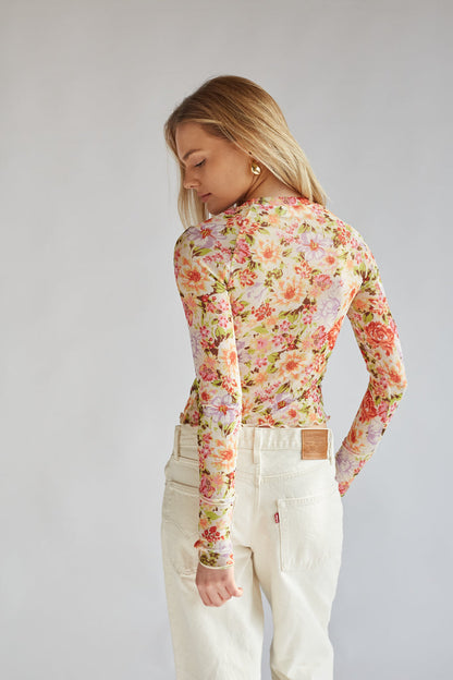 Summer Floral Mesh Long Sleeve Top
