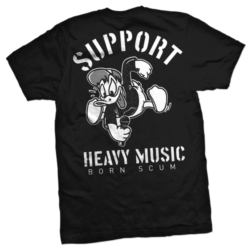 Back of black Born Scum T-shirt with “Support Heavy Music” graphic.