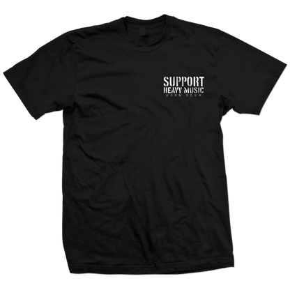 Front of black Born Scum T-shirt with small “Support Heavy Music” logo printed on the left chest.