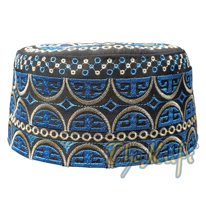 Tall Omani Kufi Hat Black Gold & Blue Embroidery