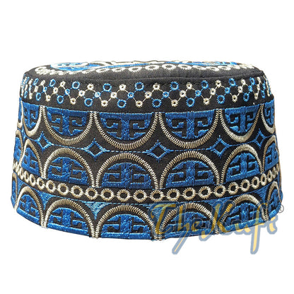 Tall Omani Kufi Hat Black Gold & Blue Embroidery