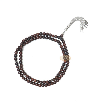 Tamarind Wood Tasbih - 8 mm Beads with Ornamental Silver-Tone Fox-Tail Chain Tassel
