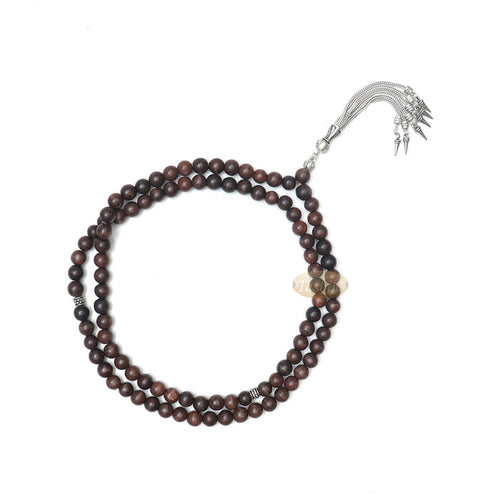 Tamarind Wood Tasbih - 8 mm Beads with Ornamental Silver-Tone Fox-Tail Chain Tassel
