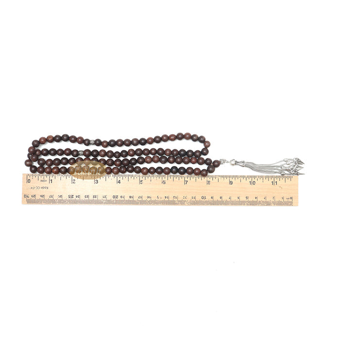 Tamarind Wood Tasbih - 8 mm Beads with Ornamental Silver-Tone Fox-Tail Chain Tassel