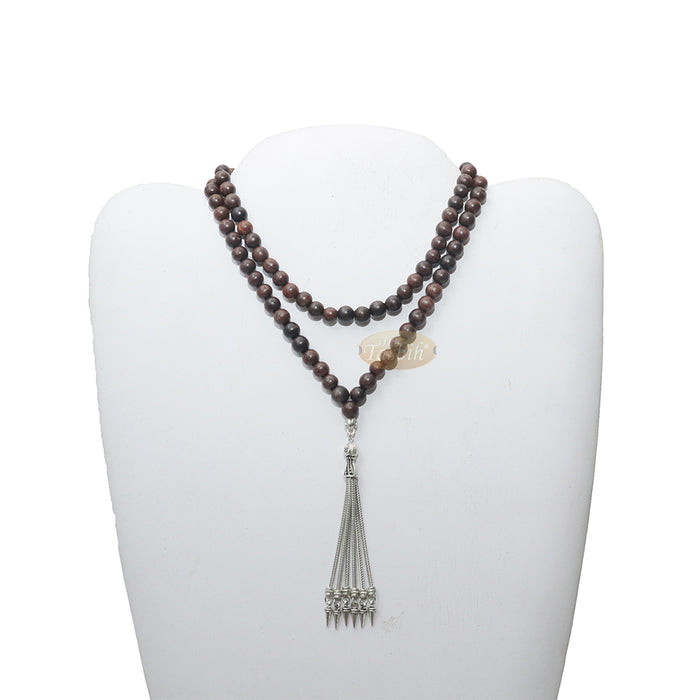 Tamarind Wood Tasbih - 8 mm Beads with Ornamental Silver-Tone Fox-Tail Chain Tassel
