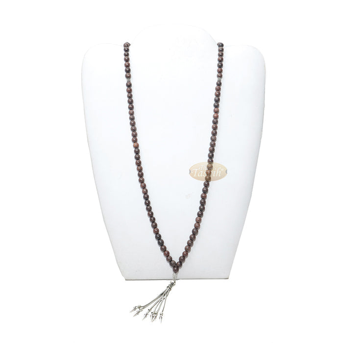 Tamarind Wood Tasbih - 8 mm Beads with Ornamental Silver-Tone Fox-Tail Chain Tassel