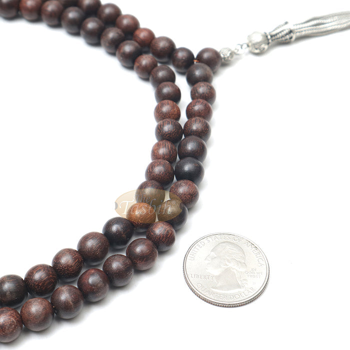 Tamarind Wood Tasbih - 8 mm Beads with Ornamental Silver-Tone Fox-Tail Chain Tassel