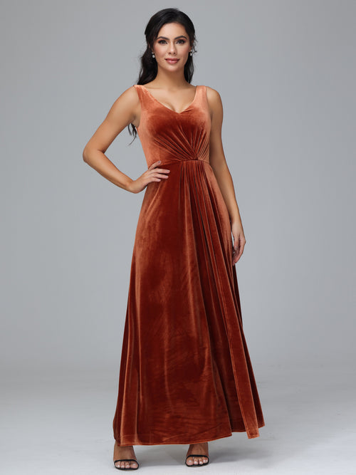 V Neck A Line Velvet Bridesmaid Dress With Slit