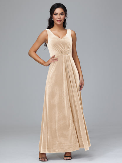 V Neck A Line Velvet Bridesmaid Dress With Slit
