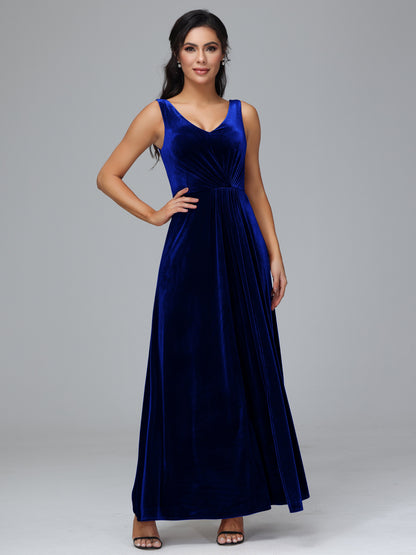 V Neck A Line Velvet Bridesmaid Dress With Slit