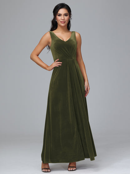V Neck A Line Velvet Bridesmaid Dress With Slit