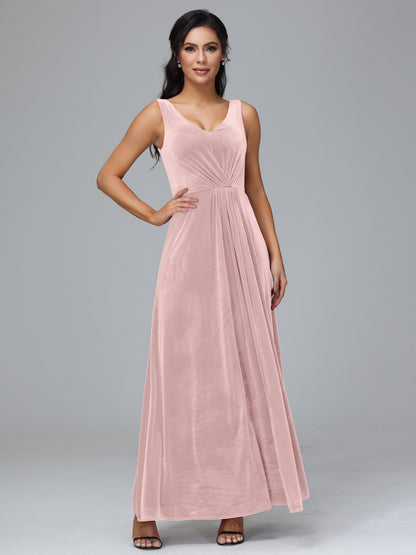 V Neck A Line Velvet Bridesmaid Dress With Slit