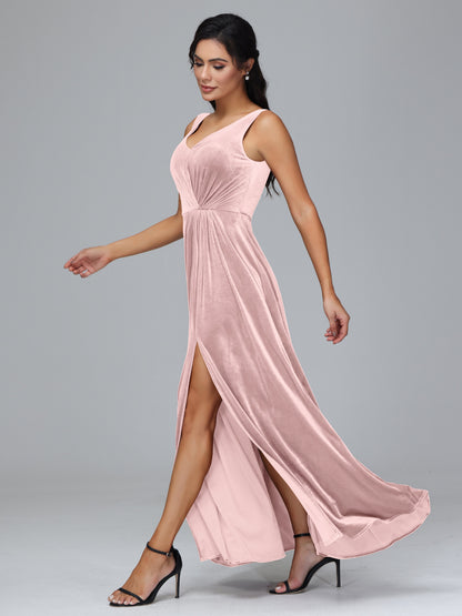 V Neck A Line Velvet Bridesmaid Dress With Slit