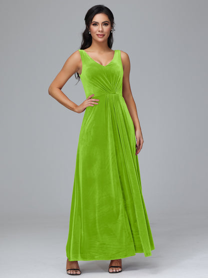 V Neck A Line Velvet Bridesmaid Dress With Slit