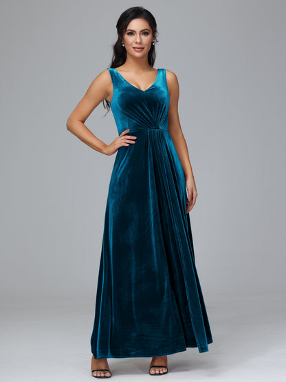 V Neck A Line Velvet Bridesmaid Dress With Slit