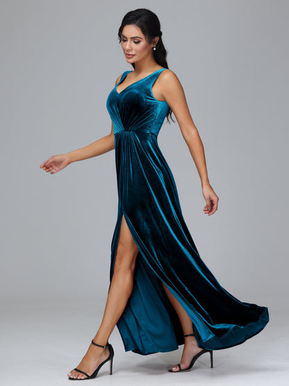 V Neck A Line Velvet Bridesmaid Dress With Slit