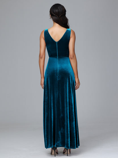 V Neck A Line Velvet Bridesmaid Dress With Slit