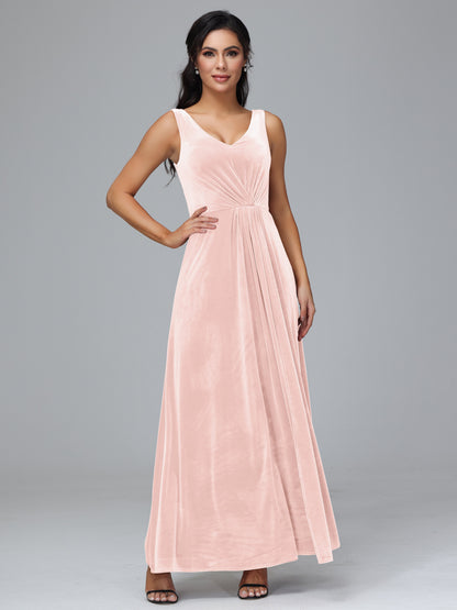 V Neck A Line Velvet Bridesmaid Dress With Slit
