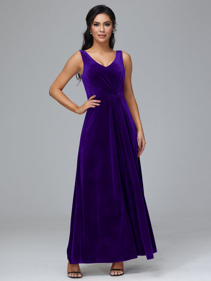 V Neck A Line Velvet Bridesmaid Dress With Slit