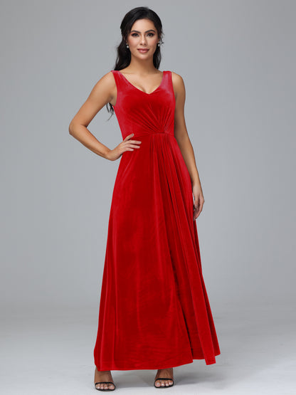 V Neck A Line Velvet Bridesmaid Dress With Slit