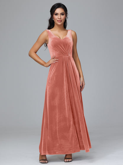 V Neck A Line Velvet Bridesmaid Dress With Slit